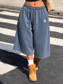 Muchica 女士复古水洗刺绣牛仔短裤，阔腿短裤，适合外出和街头穿着，蓝色 - 藍色 - 查看 4