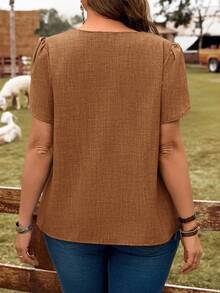 EMERY ROSE Plus Size Solid Color Petal Sleeve Button-Up Shirt, Summer - Rust Brown - View 2