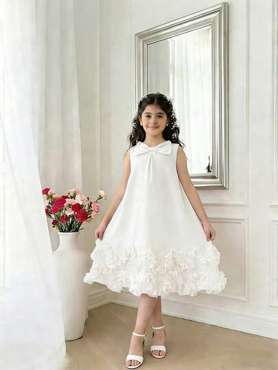 Vestido sin mangas elegante para niñas con decoración de moño y dobladillo con volantes, vestido sin mangas rojo gracioso para niños, adecuado para primavera y verano