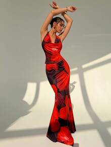 RiviMae Floral Print Draped Neck Top And Bodycon Mermaid Skirt Set, Sexy - Multicolor - View 3