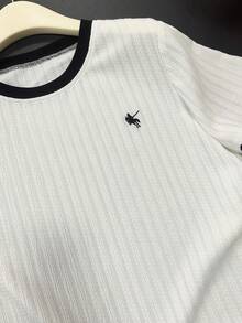 SHEIN Franclia 女士白色T恤，黑色滚边，绣马图案，优雅针织上衣，夏季套装 - 白色 - 查看 4