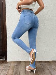 Sunnyshic Women's Pocket Button Distressed Casual Street Wear Versatile Daily Wear Jeans Back-To-School School Light Blue Summer - Blue - View 2