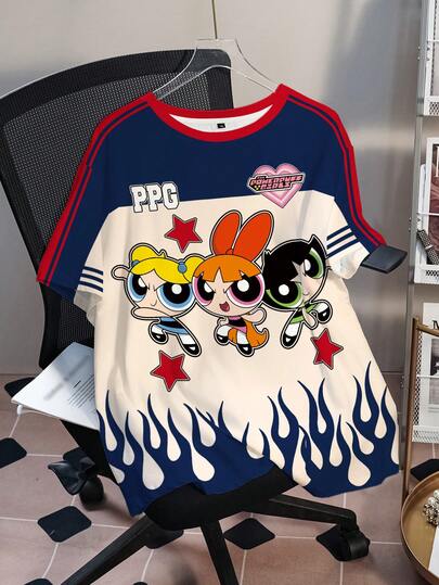 THE POWERPUFF GIRLS X SHEIN Camiseta casual de mujer talla grande con cuello redondo y mangas cortas a rayas