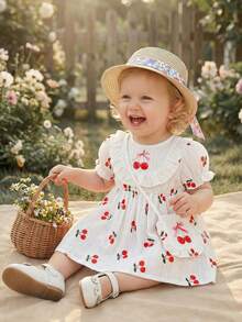 SHEIN Vintaside Kids 1件女婴舒适休闲印花荷叶边白色短袖连衣裙，百搭基础款，配有可爱印花配套包包，适合春夏上学、旅行、度假和日常穿着。 - 白色 - 查看 4
