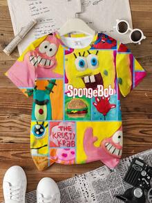 SpongeBob SquarePants | SHEIN Áo thun ngắn tay cổ tròn in hình hoạt hình phong cách thường ngày cho bé trai tuổi teen, thích hợp mặc mùa hè. - trắng - Xem 1