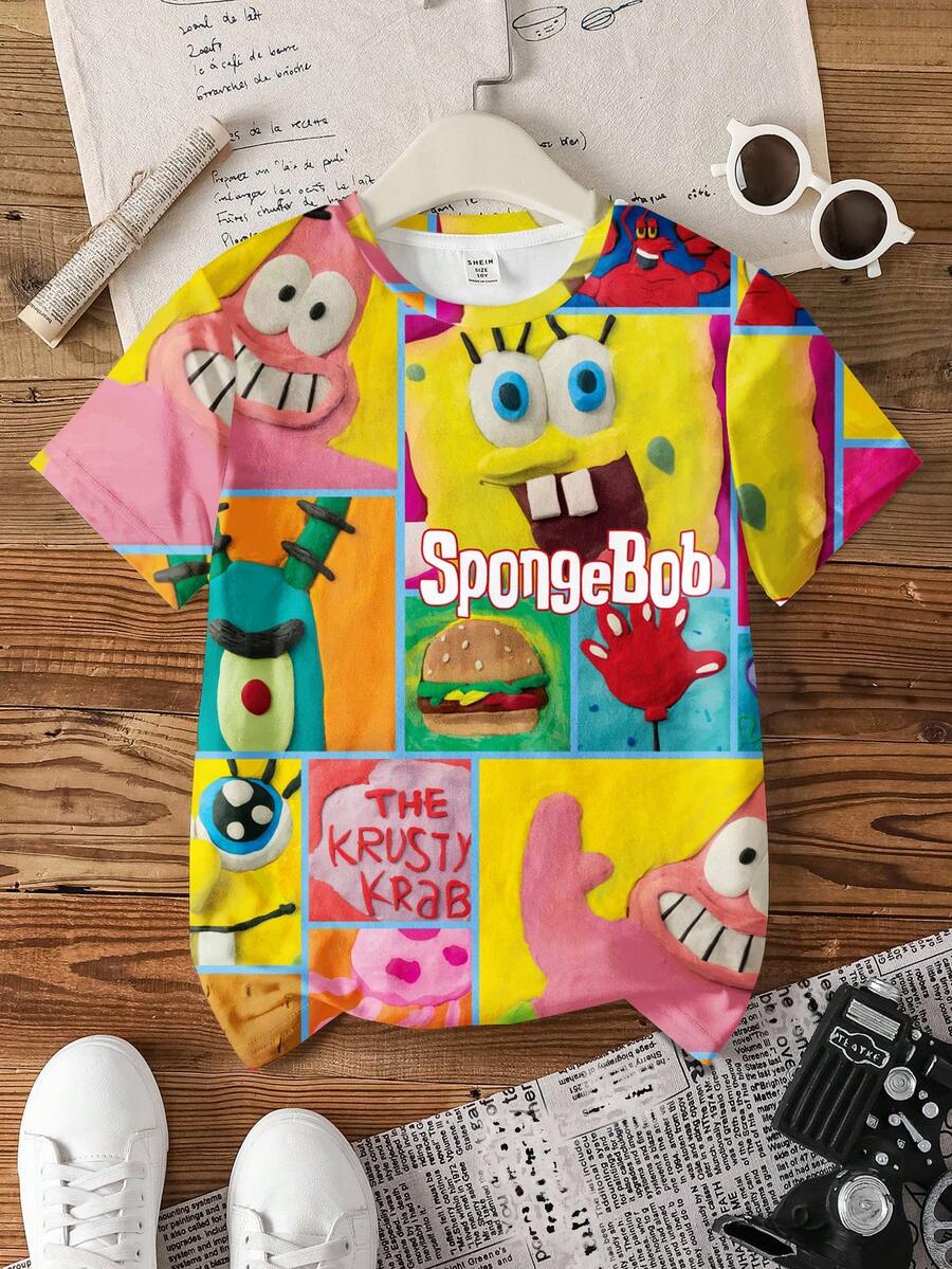 SpongeBob SquarePants | SHEIN Áo thun ngắn tay cổ tròn in hình hoạt hình phong cách thường ngày cho bé trai tuổi teen, thích hợp mặc mùa hè. - trắng - Xem 1