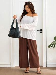 Lounesse 大码休闲纯色长袖上衣和裤子套装 女式两件套 休闲女式度假套装 女式套装 棕色阔腿裤套装 女式两件套 - 彩色 - 查看 3