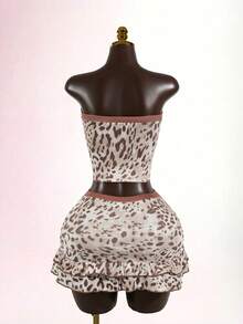 SaltGleam SaltGleam 街头时尚复古豹纹露肩拼接交叉吊带露背上衣和迷你裙套装 - 彩色 - 查看 2