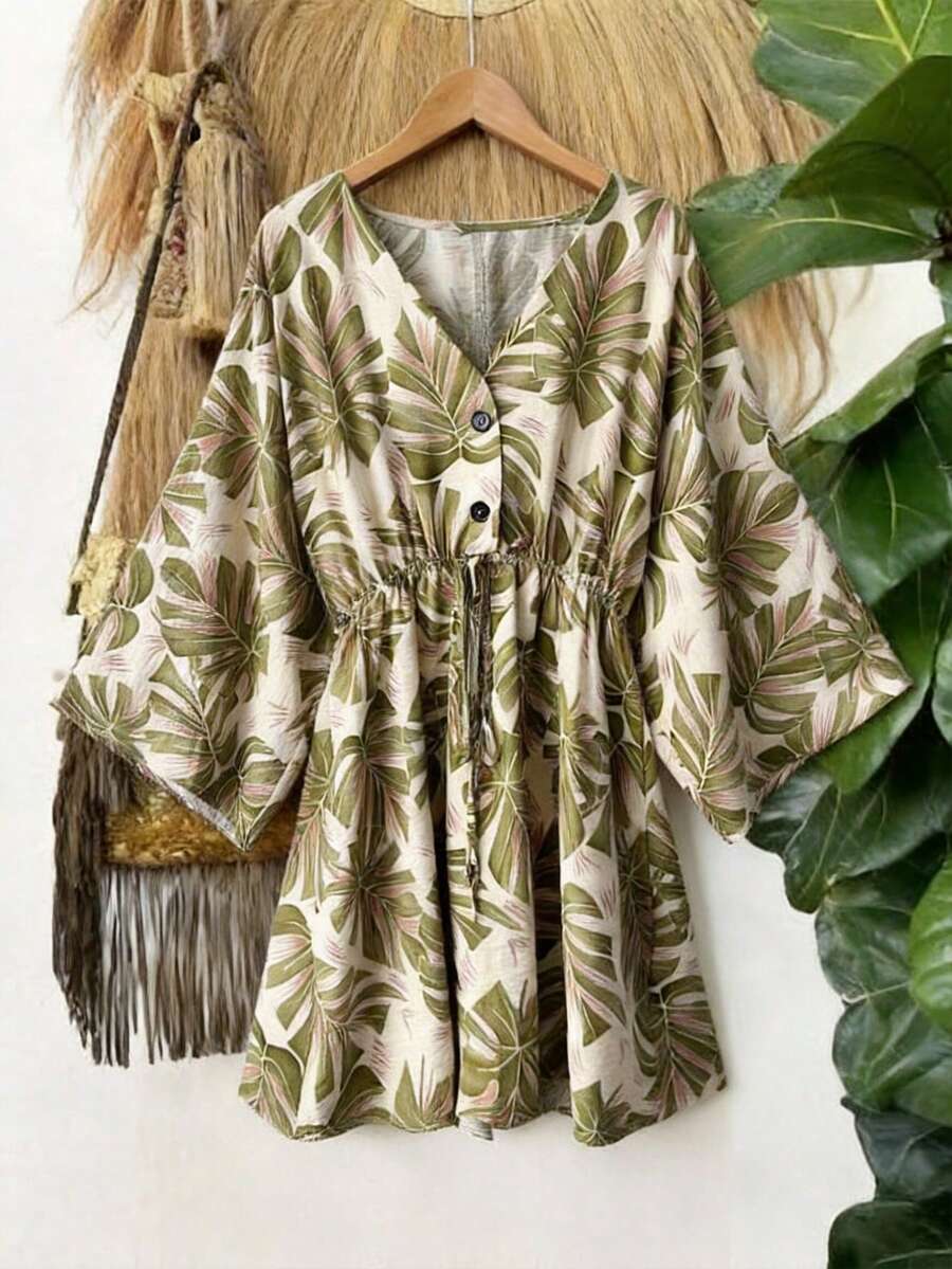 SHEIN Holidaya Summer Tropical Plant Print Loose Short Dress - Green - View 1