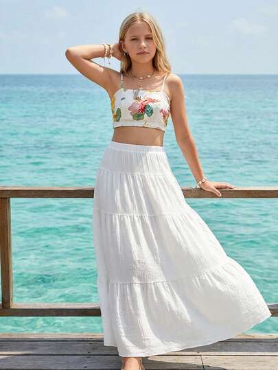 Elladie kids Girls' Casual Vacation White Patchwork Skirt, Summer Outfits, Fashionable Design Versatile For Holiday, Travel, Campus And Daily Wear