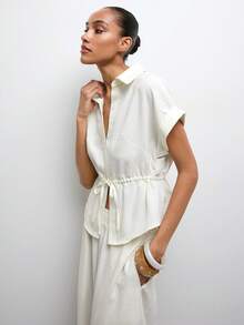 Maija 2pcs White Women's Cinched Waist Ruched Tie-Up Vacation Set, Spring/Summer Beach Outfit Wedding Holiday Outfits - White - View 7