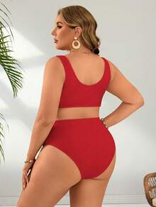 Swim Basics 大码女式两件套纯色针织提花面料侧边镂空琥珀环装饰高腰泳衣套装，优雅休闲沙滩度假装 - 紅色 - 查看 2