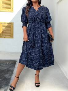 EMERY ROSE 大码女式波点印花短袖连衣裙长款套装 - 藍色 - 查看 7