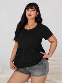 Enliva Women's Plus Size Round Neck Pure Cotton Doll Dress T-Shirt With A-Line Hem And Color Block Design, For Apple And Rounded Body Shape, For Summer - Black - View 3