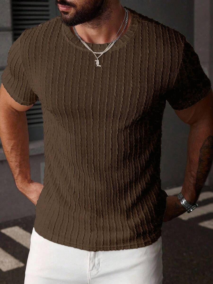Manfinity Homme Men's Solid Color Crew Neck Short Sleeve T-Shirt - Brown - View 1