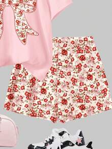 Bộ 2 món cho bé gái tuổi teen, gồm áo thun ngắn tay cổ tròn thắt nơ và quần short họa tiết hoa nhí, thích hợp mặc hàng ngày vào mùa hè, đi chơi, nghỉ mát, du lịch, thư giãn mùa hè. - Nhiều màu - Xem 5