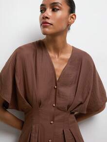 Maija Casual Women's Coffee Brown Mini Dress V Neck Batwing Sleeve Plicated Flared Hem Short Dress,Going Out Outfits - Coffee Brown - View 5