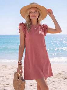 Sylviya Vacation Woven Solid Color Ruffle Trim Bodycon Mini Dress For Women,Pink Dress - Pink - View 4