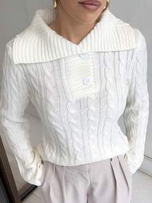 Marta Soriano 女士时尚宽松针织图案纽扣半开襟长袖毛衣，秋冬款 - 白色 - 查看 3
