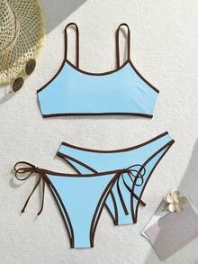 Swim Vcay Conjunto de 3 piezas para mujer 2025 con traje de baño tipo tankini de unicolor con tirantes finos y sin aros - Azul - Ver 2