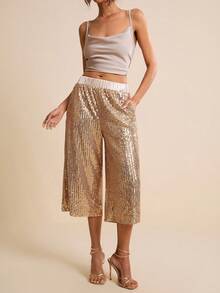 LOTSLUV Women's Gold Sequin Fabric Straight Leg Loose Casual Pants, Spring/Summer - Gold - View 6