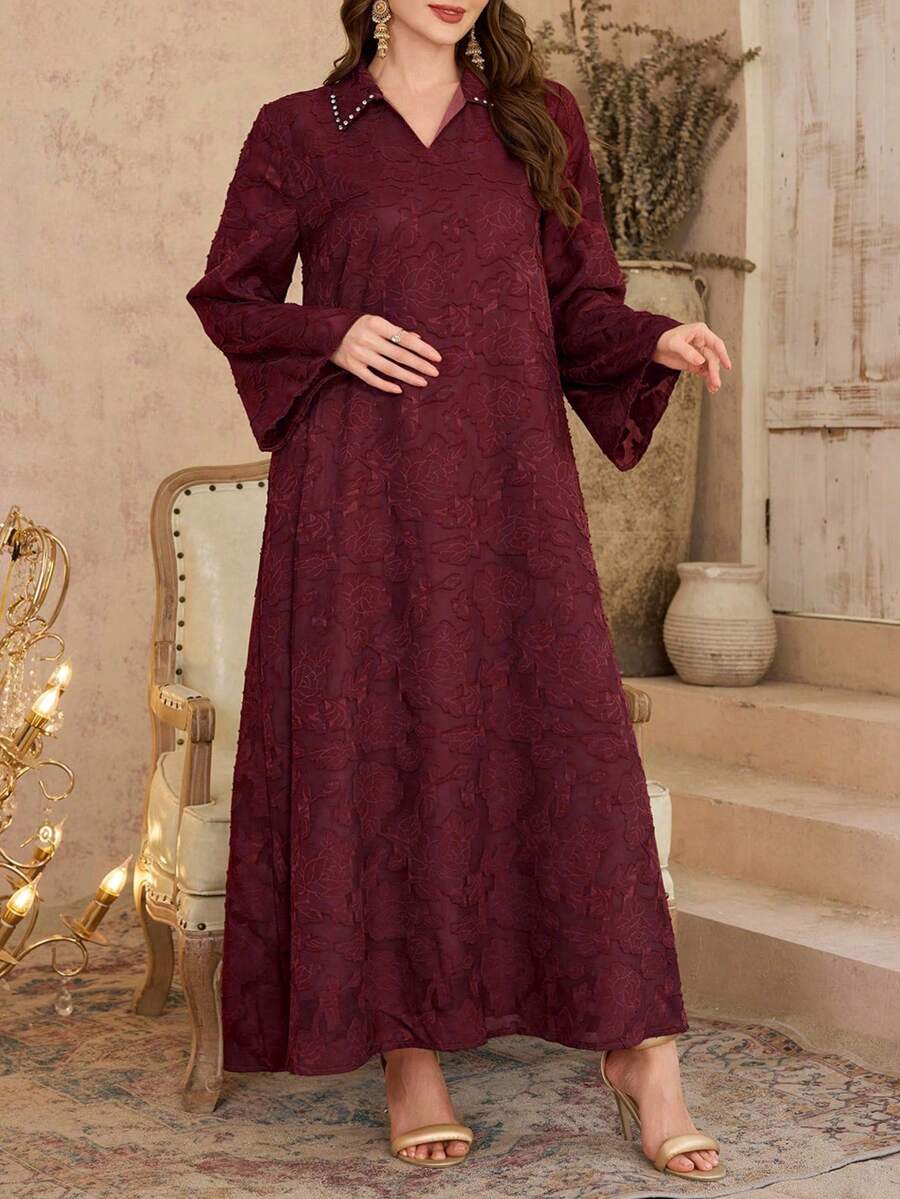 Modelyn Textured Jacquard Fabric Shirt Collar Rhinestone Decor Long Sleeve Loose Elegant Luxury Dress - Burgundy - View 1
