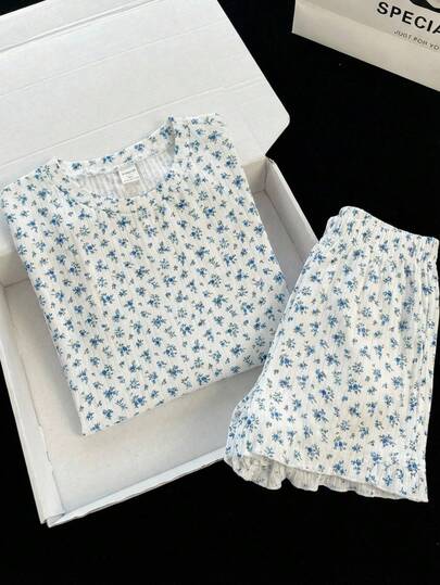 SHEIN 少女睡衣套装，碎花荷叶边装饰 - 上衣和短裤