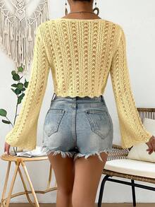 Breezaya 女士夏季度假镂空针织系带喇叭袖开衫 - 黃色 - 查看 2