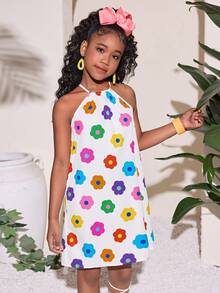 Tween Mädchen Blumenmuster ärmelloses lässiges Urlaubs-Kleid, Tween Mädchen, Muttertags-Outfit, Abschluss, Mommy And Me passende Outfits - Verschiedenfarbig - Übersicht 2