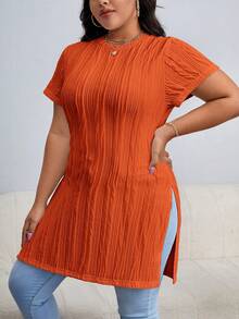SHEIN Essnce Áo thun dáng rộng, màu trơn, xẻ tà bên hông, thích hợp cho mùa hè. - trái cam - Xem 5