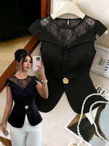 Elenzga 女士黑色露肩蕾丝水钻装饰圆领常规长度上衣 - 黑色 - 查看 1