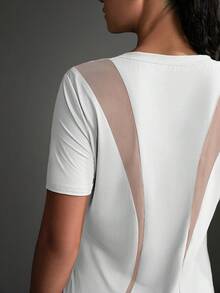 Powerista Camiseta deportiva casual de unicolor con abertura lateral y manga corta para mujer - Blanco - Ver 8