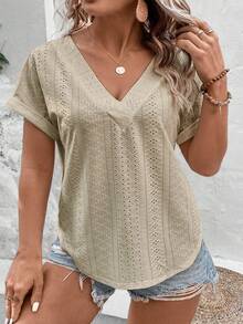 EMERY ROSE Kaos Khaki Kasual Dasar Leher V dengan Manset Lipat, Kain Jacquard, Ukuran Besar - Khaki - View 3