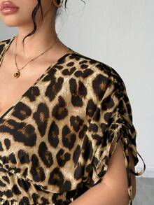 Elenzga 大码女式V领收腰喇叭豹纹优雅连衣裙 - 黃色 - 查看 6