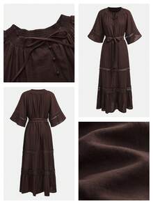 Maija Chocolate Brown Dress With Bell Sleeves, Lace Patchwork A-Line Silhouette, Casual Vacation Beach Wear Graduation Spring Summer Beach Outfits - Brown - View 2