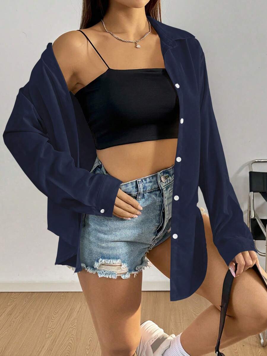 Chiquease Camisa Casual de Manga Longa com Botões na Frente e Cor Sólida para Mulheres - Azul Marinho - Visão 1