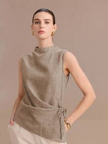 Uhlyne Áo kiểu nữ không tay buộc dây bên hông, kiểu dáng thanh lịch, thích hợp mặc đi chơi, đi nghỉ mát và đi làm. - Màu be - Xem 5