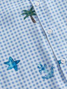 SWAVVY Men's Plaid & Cartoon Print Button-Front Short Sleeve Shirt - Blue - View 5