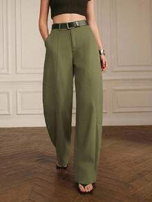 Anewsta Military Green Wide Leg Loose Casual Pants - Army Green - View 5