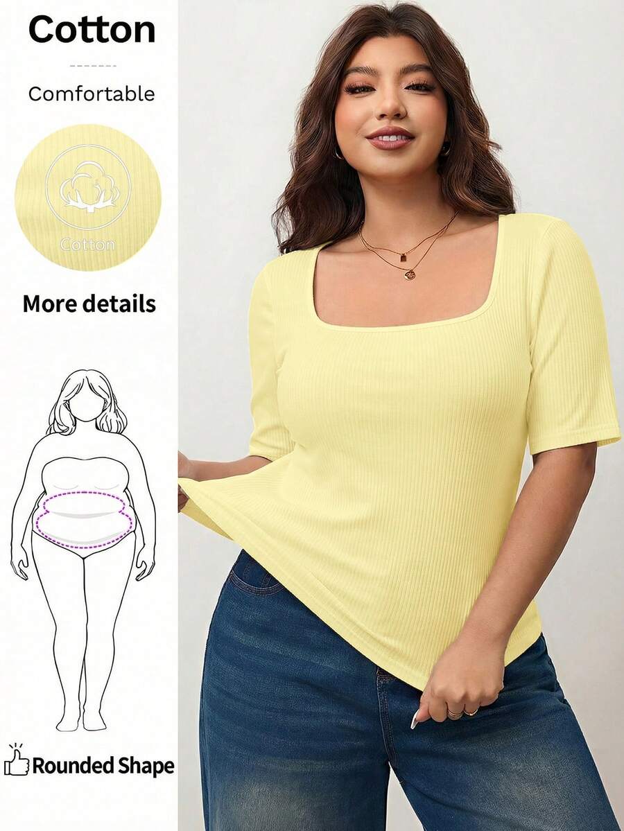 Enliva Áo thun nữ cỡ lớn, dáng ôm, cổ vuông, tay ngắn, co giãn tốt, thân thiện với da, thích hợp cho mùa xuân hè, tôn dáng người tròn trịa, phù hợp với dáng người quả táo/2026/Năm mới