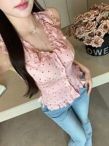 DAZY 春夏波点蕾丝衬衫，粉色，时尚百搭，适合情人节、婚礼、派对、正式场合，优雅无袖荷叶边背心开衫短袖衬衫，女士 - 粉色 - 查看 7