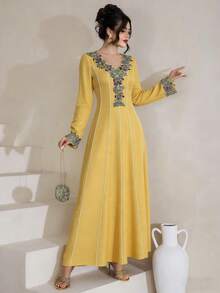Al Najma Embroidered Lace Patchwork Elegant Modest Long Sleeve Dress - Yellow - View 7