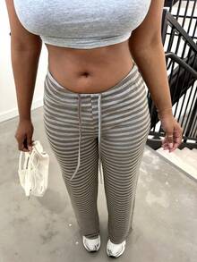 Alexandranx 女士新款棕色条纹低腰裤，秋冬 - 彩色 - 查看 6