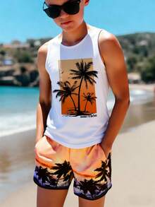 男童简约针织无袖背心，经典棕榈树印花，适合夏季、度假、海滩穿着 - 彩色 - 查看 1