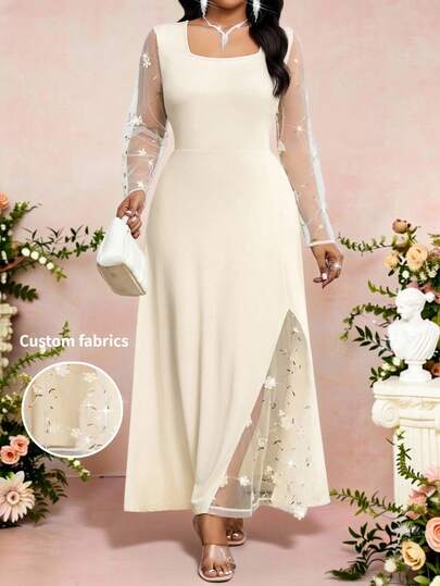 SHEIN Lady 大码优雅派对礼服，饰有3D立体花卉刺绣和网纱拼接