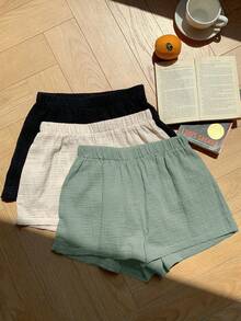 Comfortcana 3pcs/Set Plus Size Solid Color Linen Comfortable Casual Shorts, Suitable For Spring And Summer - Multicolor - View 8
