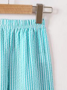 Elladie kids 少女条纹圆领蝴蝶结装饰荷叶边上衣搭配阔腿裤，休闲日常穿搭 - 藍色 - 查看 6