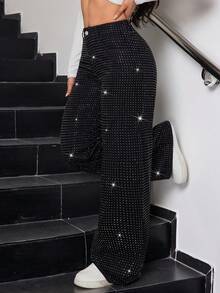 SHEIN Tall CURVE Pantaloni larghi neri con vita alta, decorati con cristalli, adatti per donna curvy, per occasioni casual, feste, matrimoni e compleanni - nero - Visualizzare 2