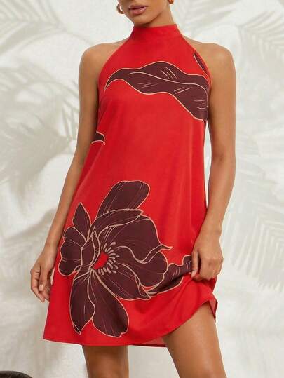 Amorya 女士优雅度假风系带蝴蝶结印花A字迷你连衣裙，适合度假、外出、约会、通勤及多种场合。