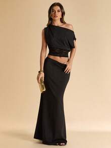 SHEIN BAE Bộ đồ 2 mảnh thanh lịch, tối giản, thường ngày dành cho nữ, thích hợp cho mùa xuân/hè. - màu đen - Xem 3
